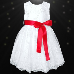 Girls White Floral Lace Dress with Red Satin Sash